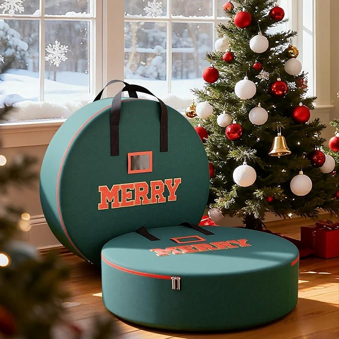 Christmas Wreath Storage Container 30 Inch With MERRY Chenille Letters, Wreath Bag Box Garland Ornament Storage With Waterproof Fabric Dual Zippered And Handles