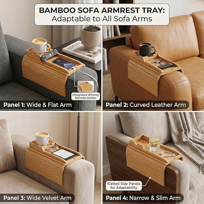 Bamboo Sofa Armrest Tray, 2-in-1 Bamboo Couch Arm Tray with Detachable Cup Holder, Foldable Non-Slip Sofa Armrest Table for Drinks, Phone, Remote & Snacks