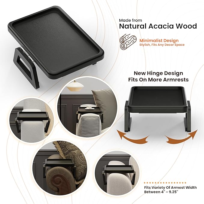 Tinamo Acacia Sofa Arm Tray, Rectangle Couch Armrest Table - Couch Accessories, Armchair Caddy, Clip on Tray for Home Sofa Living Room, Sofa Arm Table (Black, 13.75" D x 9.5" W x 1" H)