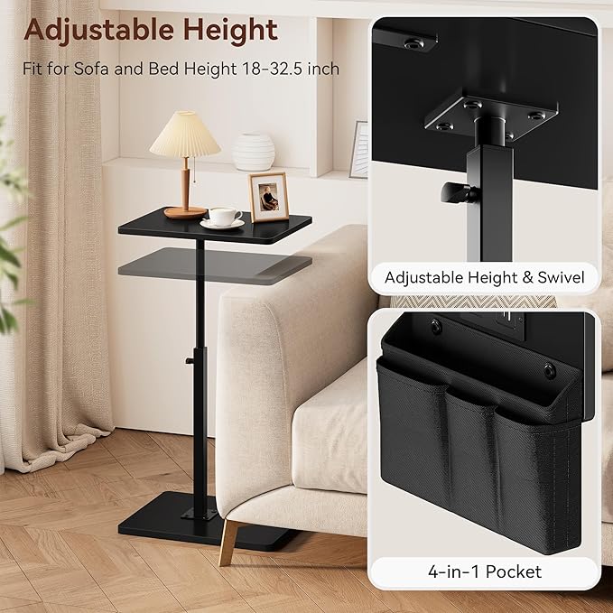 Vagusicc Sofa Armrest Tray Table for Couch - 360° Swivel Height Adjustable Side Table for Small Spaces, Snack Side Table for Bed or Chair, C Shaped End Table Snack Table for Eating Dinner Laptop