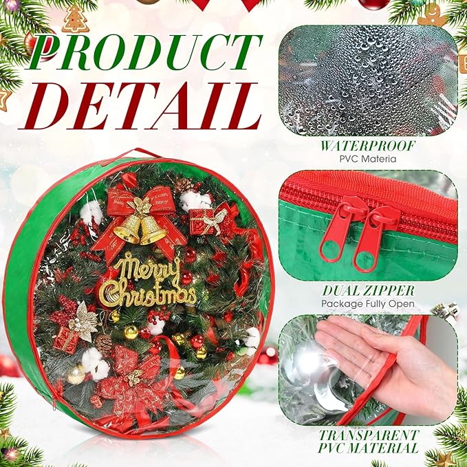 Aliceset 4 Pack Wreath Storage Containers, Ornament Garland Wreath Storage Bags with Handle Zipper Decorative Storages Box for Winter Valentine Wreaths(36 x 36 x 7.8 Inch,Light Green)