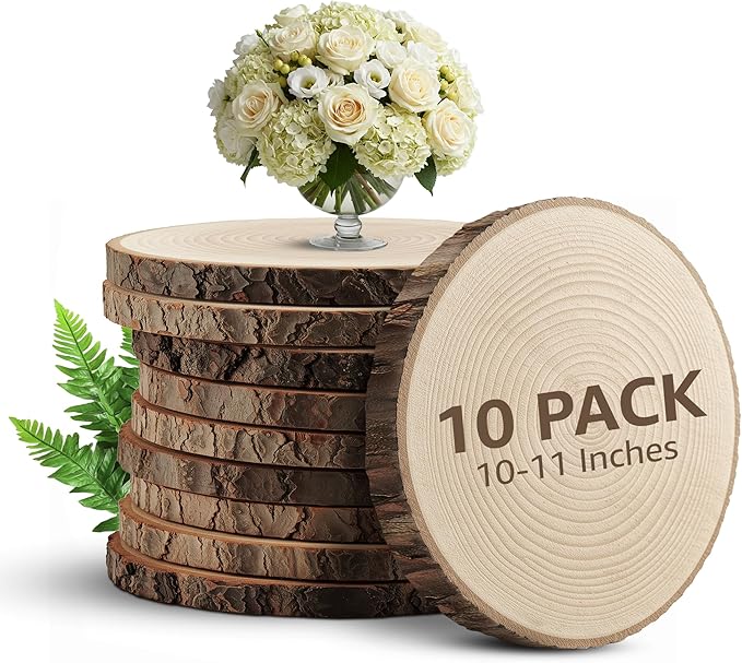 KARAVELLA Large Wood Slices for Centerpieces – Wood Centerpieces for Tables, Rustic Wedding Centerpiece, Natural Wood Slabs, Thin Slices 10-11 inches (10 Pack)