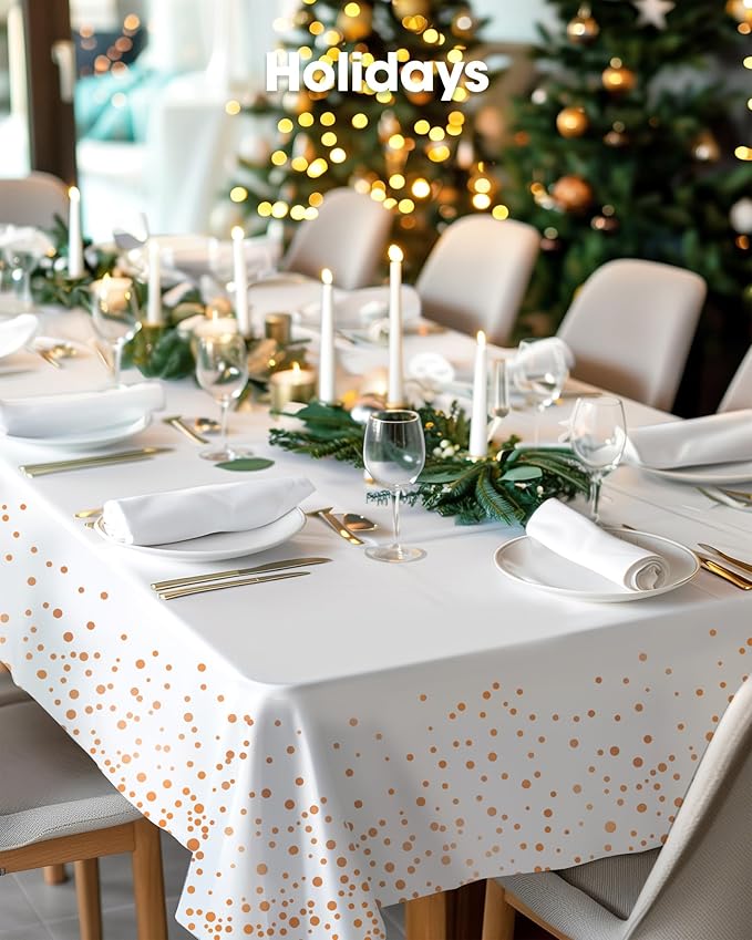 Pureegg Plastic Table Cloth Disposable 10 Pack, 54 x 108 Inch Table Cloths, Graduation Decorations of 2026, Graduation Tablecloths, Rectangle, Plastic Cover, Leakproof & Sturdy, White and Rose Gold