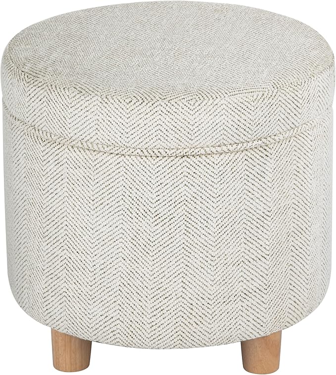 Homepop Home Decor | Upholstered Round Storage Ottoman | Ottoman with Storage for Living Room & Bedroom, Cream Chevron Woven
