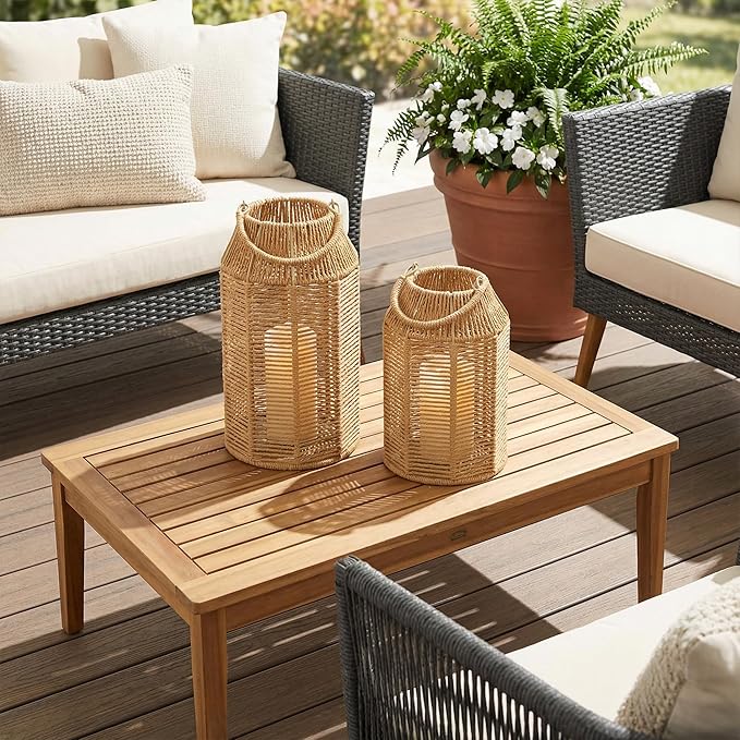 Natural Jute Boho Lanterns - Handcrafted Coffee Table Decor to Enhance Your Home - Modern Decorative Farmhouse Beauty for Living Room, Patio & Front Porch, Indoor and Outdoor or Kitchen Dining Table