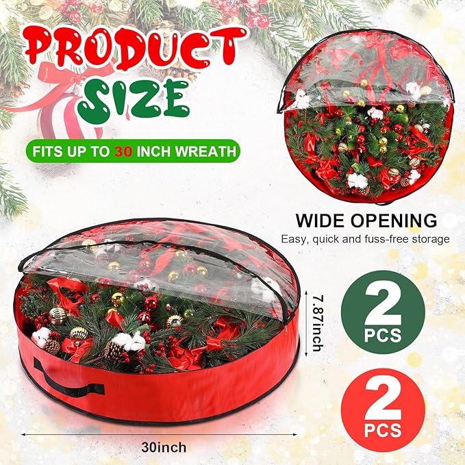 Aliceset 4 Pack Wreath Storage Containers, Ornament Garland Wreath Storage Bags with Handle Zipper Decorative Storages Box for Winter Valentine Wreaths(30 x 30 x 7.8 Inch,Red, Green)