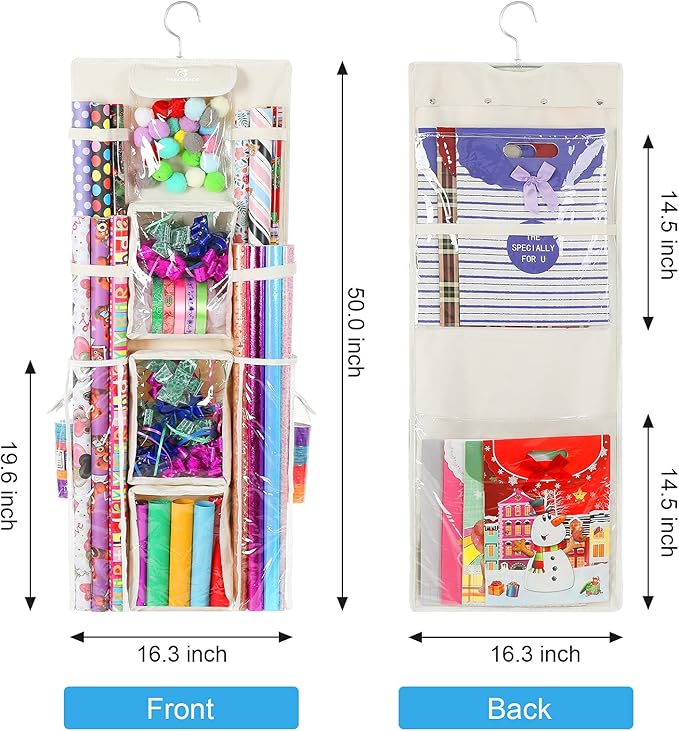 Freegrace Double-Sided Hanging Gift Wrap Organizer - Large 16 x 41 Inch Wrapping Paper Storage Bag - Tearproof 600D Oxford Closet Gift Bag & Ribbon Organization Storage Caddy, Beige