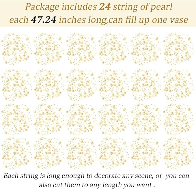 Tondiamo 24 Pcs Artificial Pearl String for Floating Candle Faux Pearls Beads String Garland Centerpiece Decoration for Vases Filler Wedding Spring Holiday Party Decor(Light Gold)