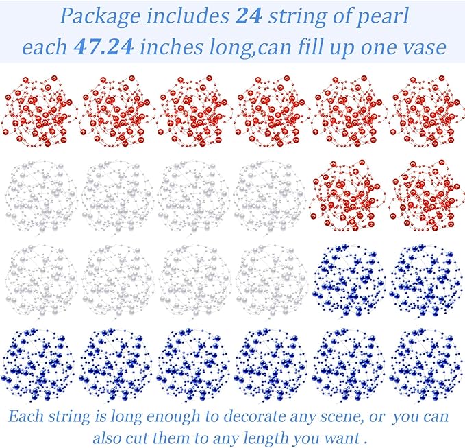 Tondiamo 24 Pcs Artificial Pearl String for Floating Candle Faux Pearls Beads String Garland Centerpiece Decoration for Vases Filler Wedding Spring Holiday Party Decor(Blue, Red, White)