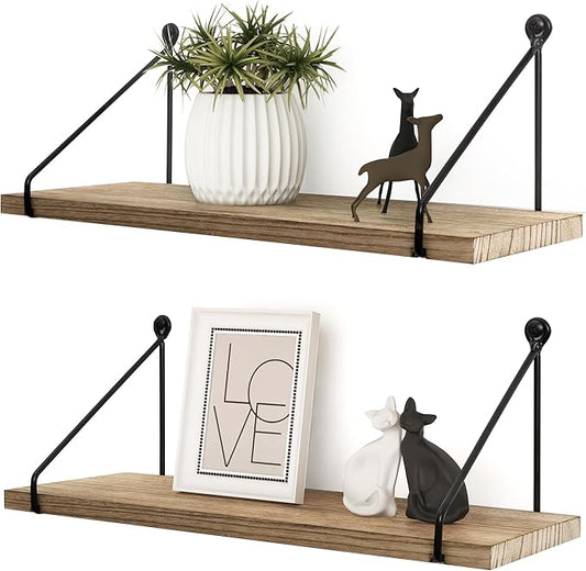 Afuly Floating Wall Shelves Rustic Wall Mounted Hanging Shelf Farmhouse Wall Bookshelf for Bathroom Kitchen Dining Living Room Wood Metal Organizers, Set of 2