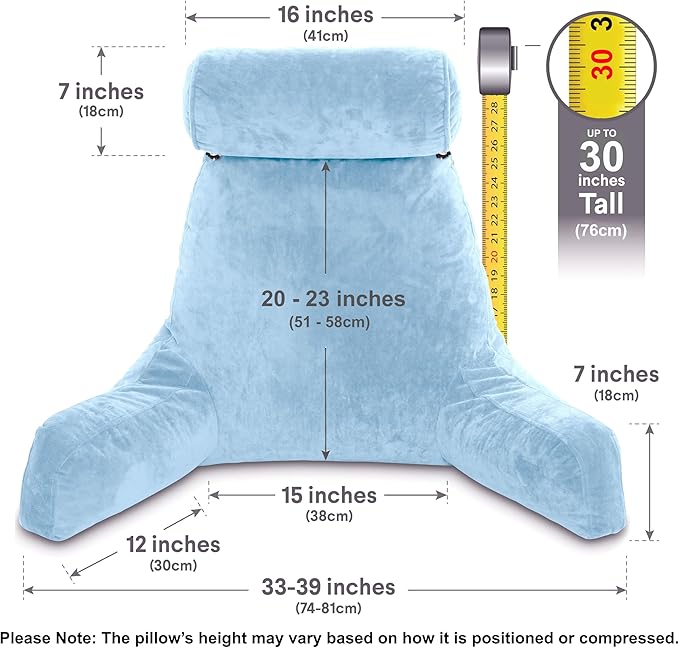 Husband Pillow XXL The Original for Adults - 30" Tall Backrest for Sitting Up in Bed - Firm Support Reading & Bed Rest Pillows for Adults, Neck Roll, Removable Cover - TV - Sky Blue