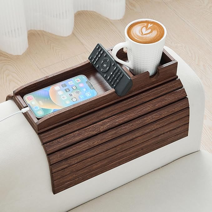 GEHE Bamboo Couch Cup Holder, Anti-Spill Sofa Arm Tray, Natural and Easy to Clean Couch Arm Cup Holder Armrest Tray Perfect for Cups, Beers, Snacks, Remote Control, Drinks