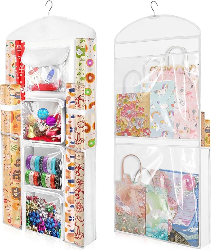 Woodoulogy Hanging Gift Wrapping Paper Storage, 40"X17" White Double-Sided Christmas Wrapper Bag Container, Oxford Craft Roll Organizer, Present Wrap Holder for Bedroom Closet, Door, Cabinet