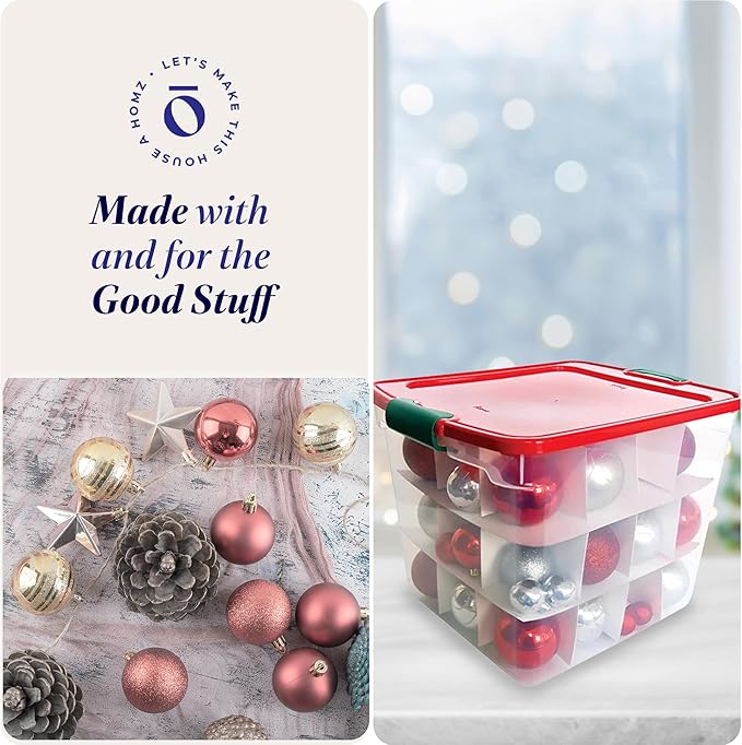 HOMZ 4-Pack Holiday Tote, Clear Plastic Storage Bins w/ Lids & Dividers, 31 Quart, Red - Stackable Organizing Containers for Home, Garage, and Office