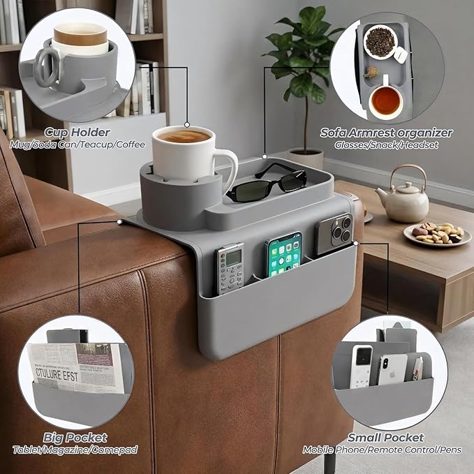 Silicone Couch Cup Holder Tray, 3-Side Sofa Armrest Organizer with Secure Gear-Shaped Locking Holder & Large Tablet Slot, Non-Slip Weighted Armchair Caddy, Couch Accessories (Grey)