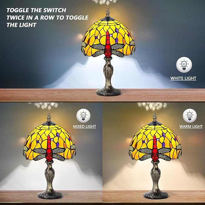 MIAOKE Stained Glass Table Lamp,Stained Glass Crystal Bead Style Table Light,Handmade Desk Bedside Night Light,Antique Art Craft Gifts Lover Living Room Bedroom Bookcase (Orange Dragonfly)