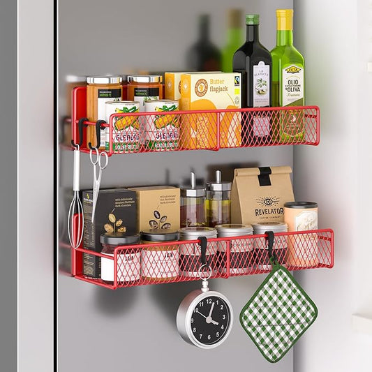 Magnetic Spice Rack for Refrigerator, 2 Pack 100% Metal Strong Magnet Shelf, Space Saving Spice Organizer W/ Hooks, Movable Magnetic Fridge Shelf, Kitchen Home Laundry Room Storage Organization, Red