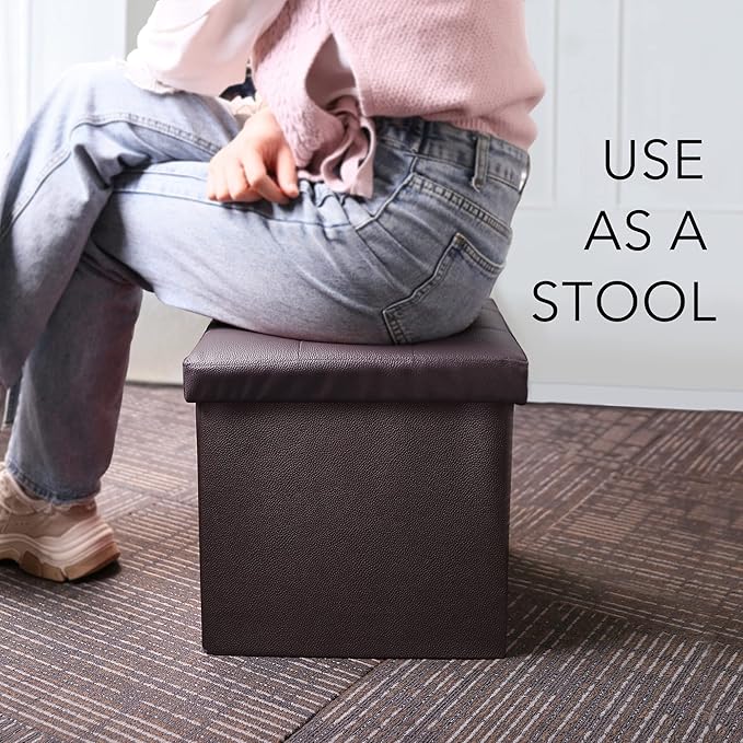 LotFancy Storage Ottoman Cube, Brown Foot Stool Ottoman,13x12x12 inch Square Ottoman with Lid, Faux Leather Seat for Dorm