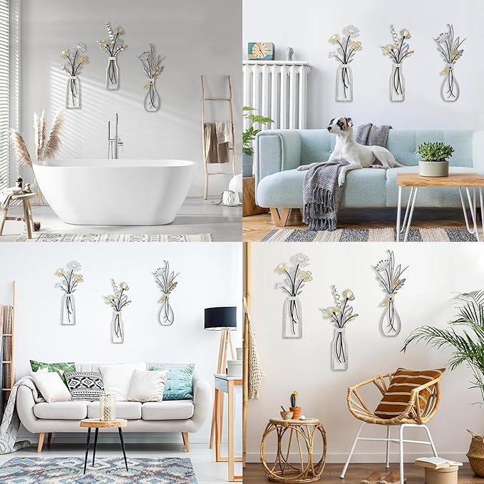 Hganxiu Home Wall Decor Bathroom,Wall Decorations,3 Pieces Metal Flowers,Home Décor Accents Housewarming Gifts New