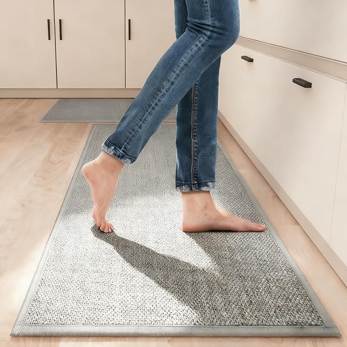 SUMLANS Kitchen Mat Set of 2 PCS, Cushioned Non Slip Rugs for Kitchen Floor, Absorbent Runner Comfort Standing Mats Washable for Kitchen, Office, Home (Grey, 17.3"x47"+17.3"x30")
