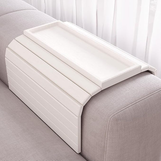 Sofa Arm Tray,Bamboo Folding Couch Arm Tray,Sofa Armrest Trays with Anti-Slip Pad for Drinks,Snacks,Phone,Remote Control（White）