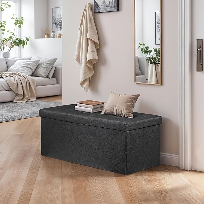 SUPER DEAL 43 Inches Storage Ottoman Bench, Folding Footrest with Padded Seat Sotrage Chest Long Box for Livingroom Bedroom Entryway, 660 lbs Capacity 15" x 43" x 15", Black