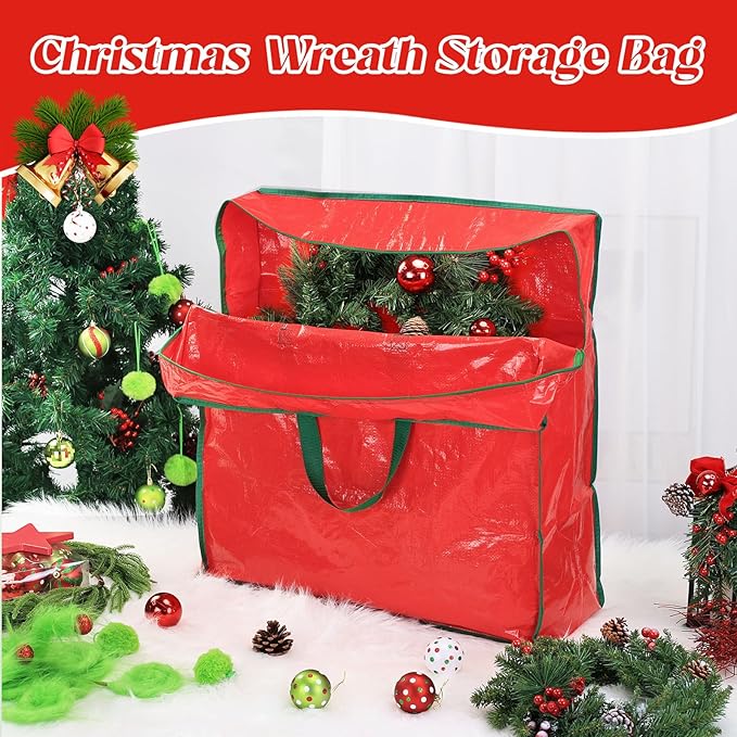 6PCS Christmas Wreath Storage Container, 25" Red Wreath Storage Bags Garland Container Clear Storage Bags with Handles Zippers Christmas Wreath Boxes for Xmas Seasonal Holiday Wreath Garland