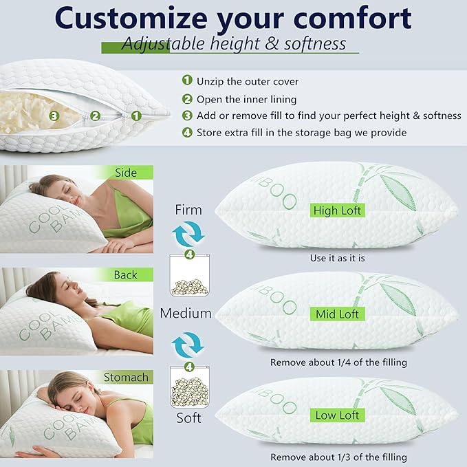 Shredded Memory Foam Pillows, Cooling Pillows Queen Size Set of 2 Adjustable Firm Bamboo Bed Pillows for Hot, Side, Back and Stomach Sleepers