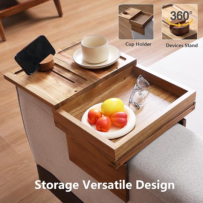 Acacia Wood Sofa Arm Tray, Adjustable Couch Armrest Table with 2 Rotatable Trays & a Storage Box | 360° Rotating Phone Holder for Drinks, Cups, Snacks, and Remote