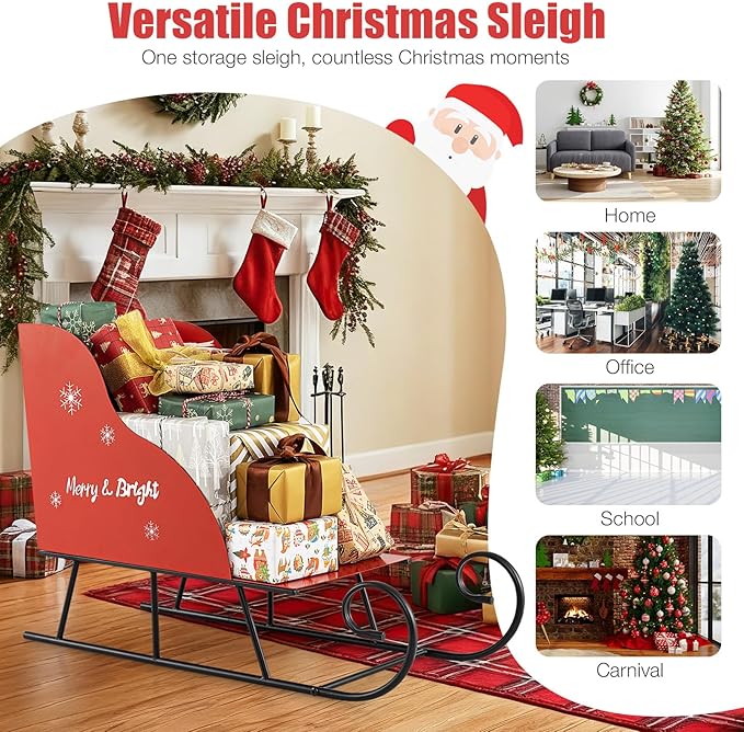 Tangkula Metal Christmas Santa Sleigh Basket, Xmas Santa’s Gift Storage Sleigh, Festive Decorative Sleigh Cart, Holiday Decoration for Home Office Carnival