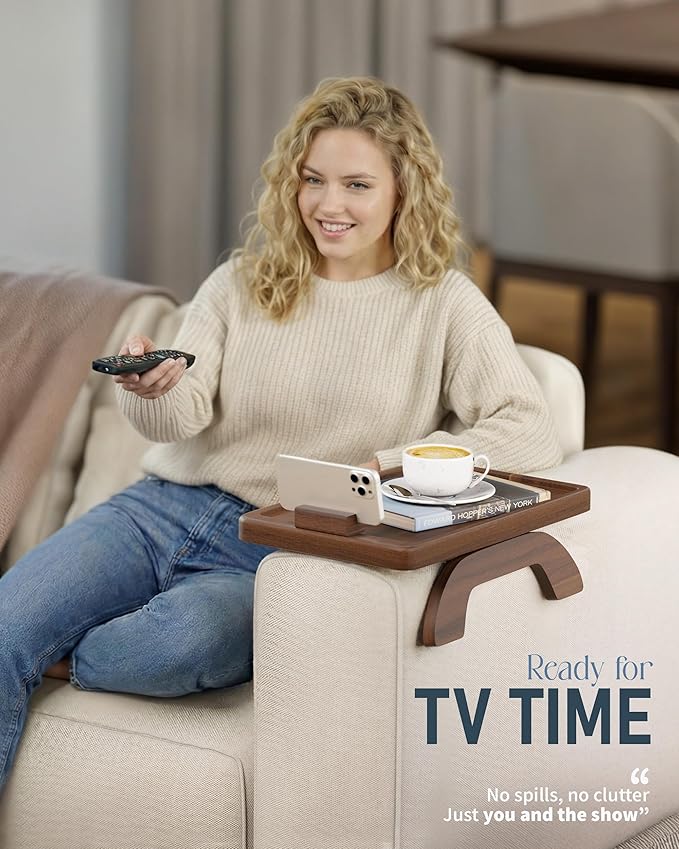 BLUEWEST Sofa Armrest Tray, Arm Table Sofa Arm Tray Clip on Tray Table with 360° Rotating Phone and Cup Holder for TV Dinners, Remote, Drinks and Snacks (Rectangle, Walnut)