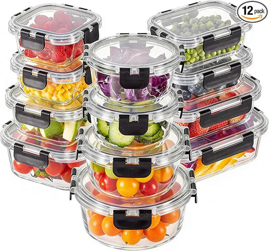 Liuruiyu 12 Pack Glass Food Storage Containers with Lids, Meal Prep Containers, Airtight Bento Boxes with Leak Proof Locking for Microwave, Oven, Freezer and Dishwasher, BPA Free