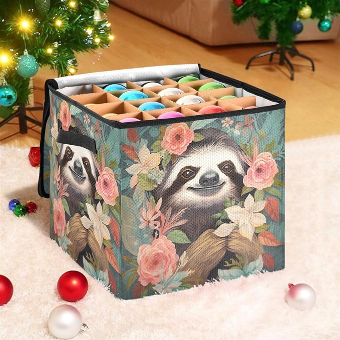 Kigai Sloth Christmas Ornament Storage Box with Zipper & Adjustable Dividers Holiday Ornament Organizer Xmas Storage Container, 64 Balls