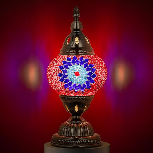 Marrakech Vintage Lamp Turkish Mosaic Lamps with Tiffany Style, Handmade Moroccan Table Lamps with Bronze Base Including LED Bulb for Living Room Bedroom Decor (Red)