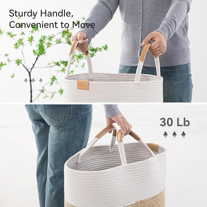 Nunsino 95L Striped Laundry Hamper with Leather Handles,Large Foldable Laundry Basket for Clothes,Cotton Rope Storage Bin for Blankets,Woven Clothes Basket for Bedroom,Beige Stripes