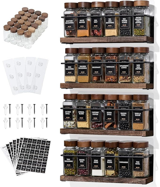 4-Tier Wall Mount Spice Rack Organizer with 24 Glass Jars, 216 Labels & Funnel - Screw/Adhesive Mount, Black Metal & Wood Spice Storage for Kitchen Pantry Cabinet, 11.6”L x 2.4”W x 3.2”H