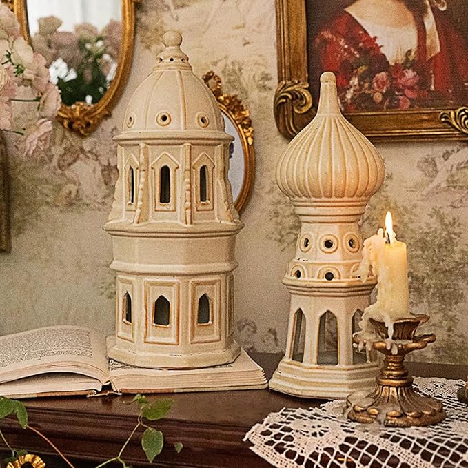 Ceramic Home Decoration 12.6 Inch Tall European Dome Tower for Living Room Bedroom Office Modern Farmhouse Antique Rustic Nordic Ornament Desktop Fireplace Centerpiece Decor