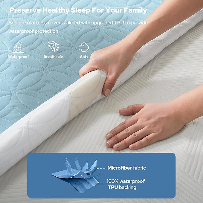 BEDLORE Waterproof Mattress Protector, Queen Size Mattress Pad with Deep Pocket 6"-18" Depth, Soft Dirt-Proof Double Bed Mattress Cover for Bedroom, College Dorm, Hotel (Sky Blue)