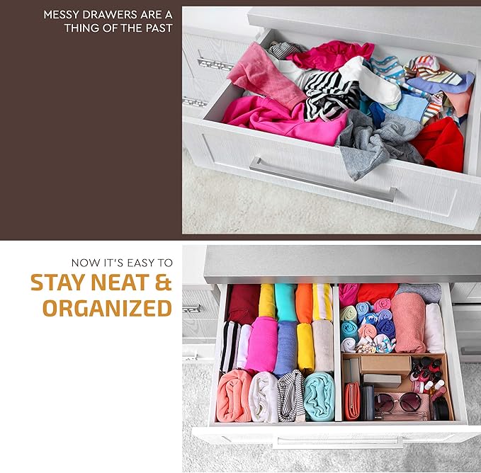 4-Pack White Drawer Dividers - Fits Drawers 12.2 to 17.3 Inches Deep, 2.6 Inch High, 0.6 Inch Thick, Adjustable Bamboo Drawer Organizers Separators for Dresser Clothes, Kitchen, Bathroom, Home, Office