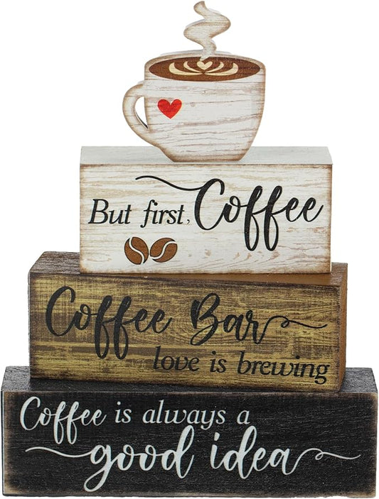 Moucuny 4 Pcs Wooden Coffee Bar Tabletop Decor Coffee Tiered Tray Decor Rustic Wood Bar Sign Gift Farmhouse Table Centerpiece Farmhouse Decorations for Home Kitchen