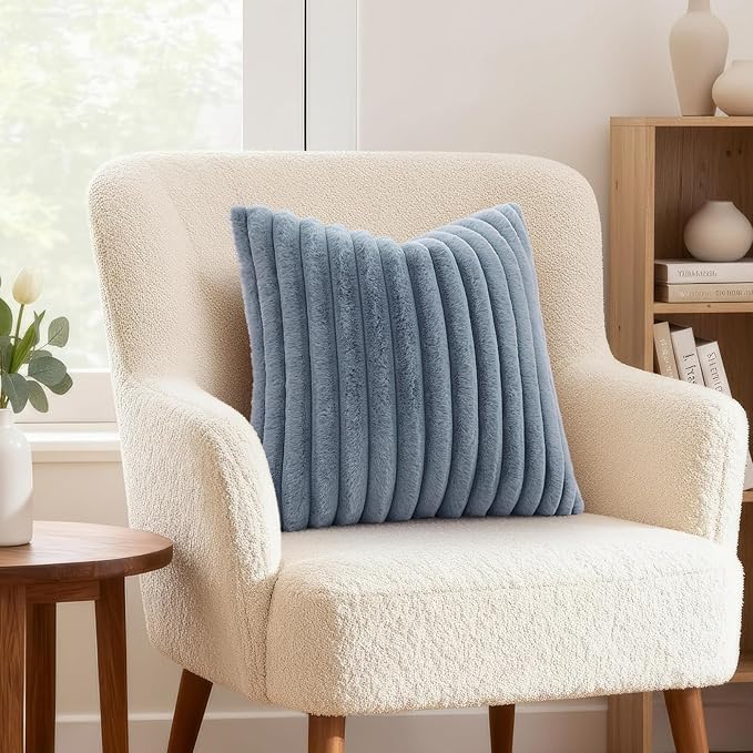 decorUhome Cozy Faux Fur Throw Pillow Covers 26x26 Set of 2 Decorative Soft Plush Striped Modern Farmhouse Boho Couch Euro Sham Pillow Cases with Velvet Back for Sofa Bed Living Room, Grey Blue