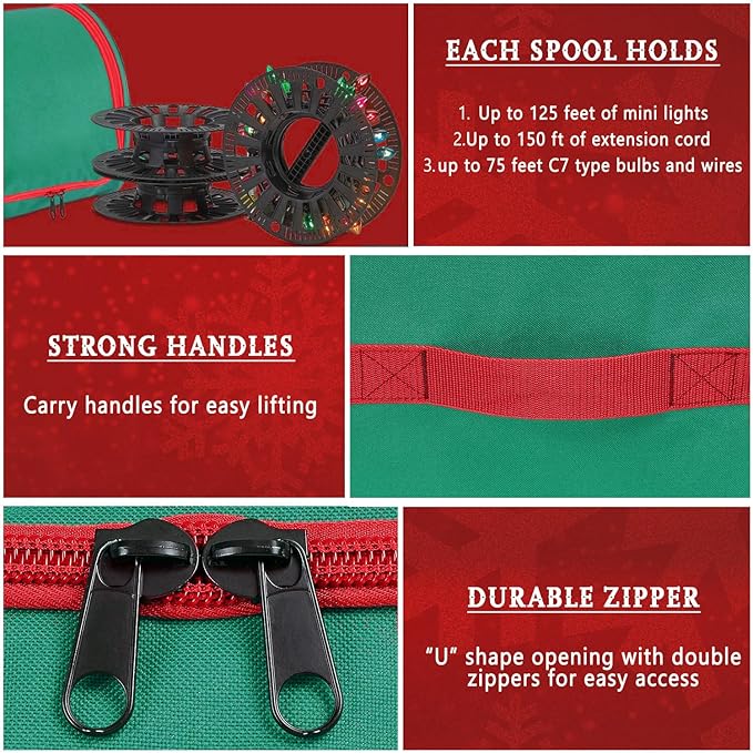 Premium Christmas Light Storage Bag – Heavy-Duty 600D Tear-Proof Material with Reinforced Handles – Includes 3 Reels, Stores up to 375 Ft of Mini Lights & Extension Cords – Green with PVC Lining