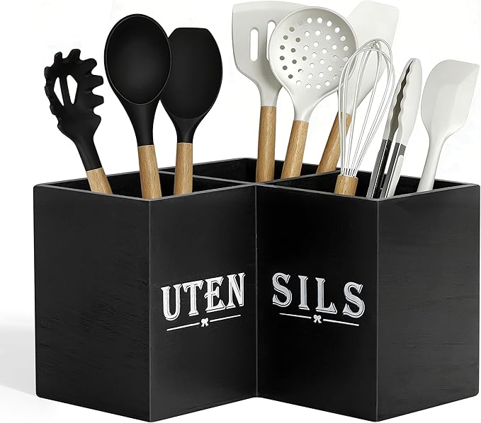 Extra Large Kitchen Utensil Holder for Countertop, Three Compartment Wooden Utensil Holder Farmhouse Decor Perfect for Storing Spatulas and Cooking Tools