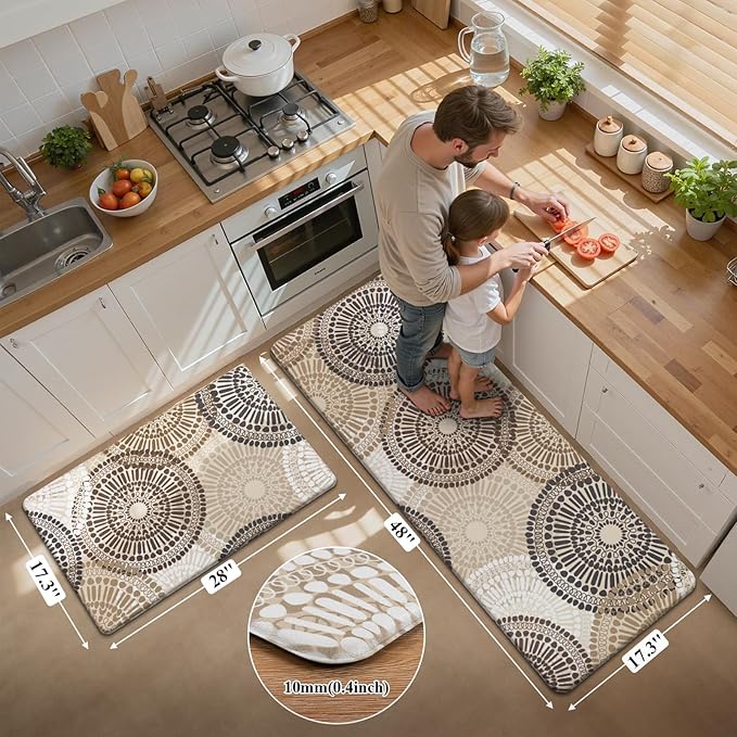 HEBE Anti Fatigue Kitchen Rugs Sets of 2, Non Slip Kitchen Mats for Floor, Waterproof Cushioned Comfort Standing Carpet for Kitchen Sink, Home Office, Laundry Room