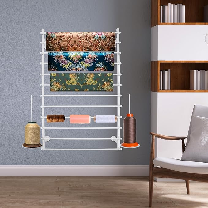 12-Layer Ribbon Holder Organizer Rack Wall Mounted Wrapping Paper Storage Rack Ribbon Dispenser Holder Wrapping Station Display Racks for Craft Room Florist Cake Shop(White)