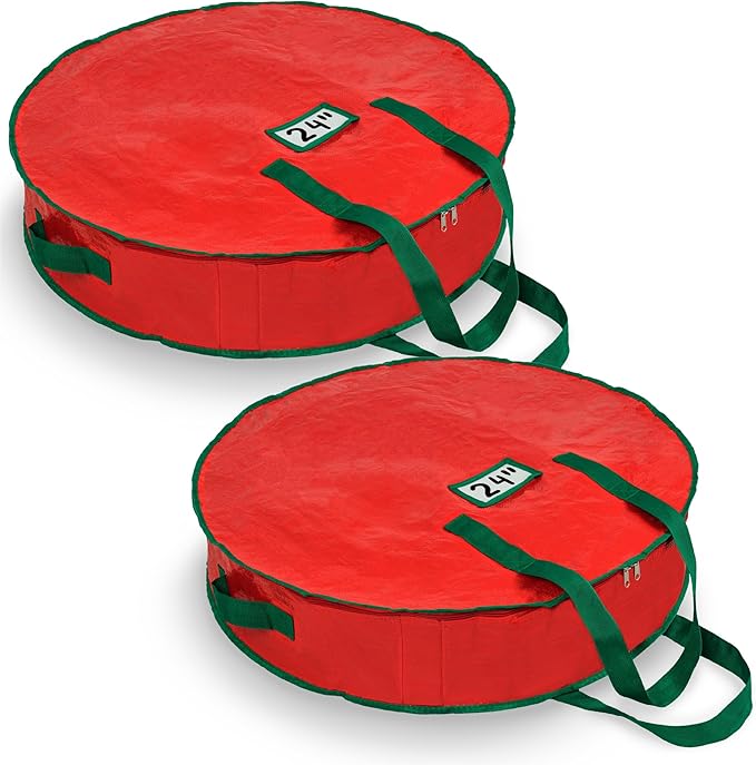 Handy Laundry Christmas Wreath Storage Bag - 2-PACK Durable Waterproof Tarp Material with Zipper & Reinforced Handles - For Holiday Décor, Tires, Wheels, Garage or Moving Organization (24")