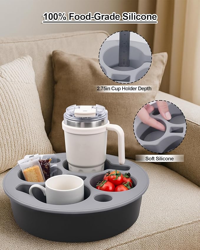 Couch Cup Holder Tray Round, 4-Cups Bedside Drink Holder for Elderly/Pregnancy, Stable Non-Spill Silicone Couch Caddy for Remote Control, Glasses‌, Snacks, Phones‌ (White)