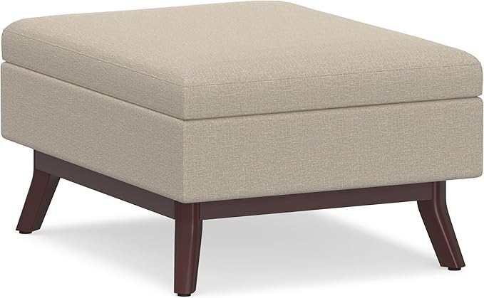 SIMPLIHOME Owen Coffee Table Storage Ottoman - 34" Wide x 19" High Upholstered Linen Look Fabric Rectangular Lift-Top Ottoman in Natural, Mid-Century Modern Bench for Living Room with Tapered Legs