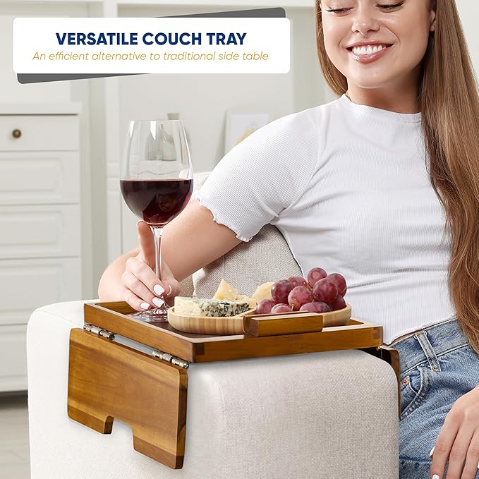 BLUEWEST Sofa Armrest Tray, Arm Table Sofa Arm Tray with Robust Large Grip Arm, Double Large SS304 Hinges & 360 Rotating Phone Bracket, Non-Slip, Flexible with Different Sofa Armrest Shapes and Width