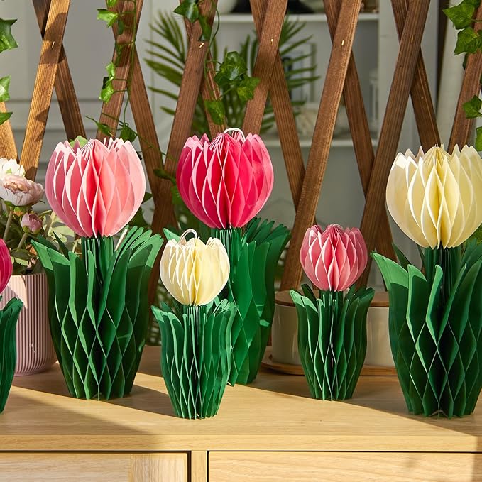 8 Pcs Tulip Honeycomb Decorations, Spring Decorations for Office, Spring Table Decor, Tulip Party Decorations, Spring Centerpieces for Tables for Mothers Day Spring Party, Womens Day
